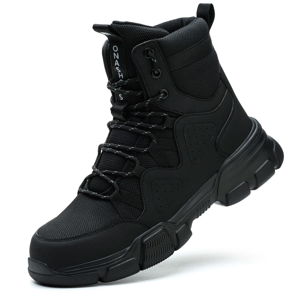 A black steel toe cap work boot with lace-up closure. It features a rubber edging and Kevlar puncture-resistant midsole, designed for safety and comfort in industrial environments.